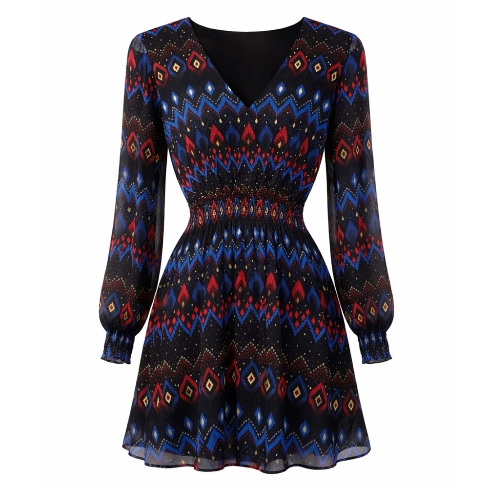 & Other Stories Black Metallic Gold Ikat Print Smocked Long Sleeve Mini Dress 4